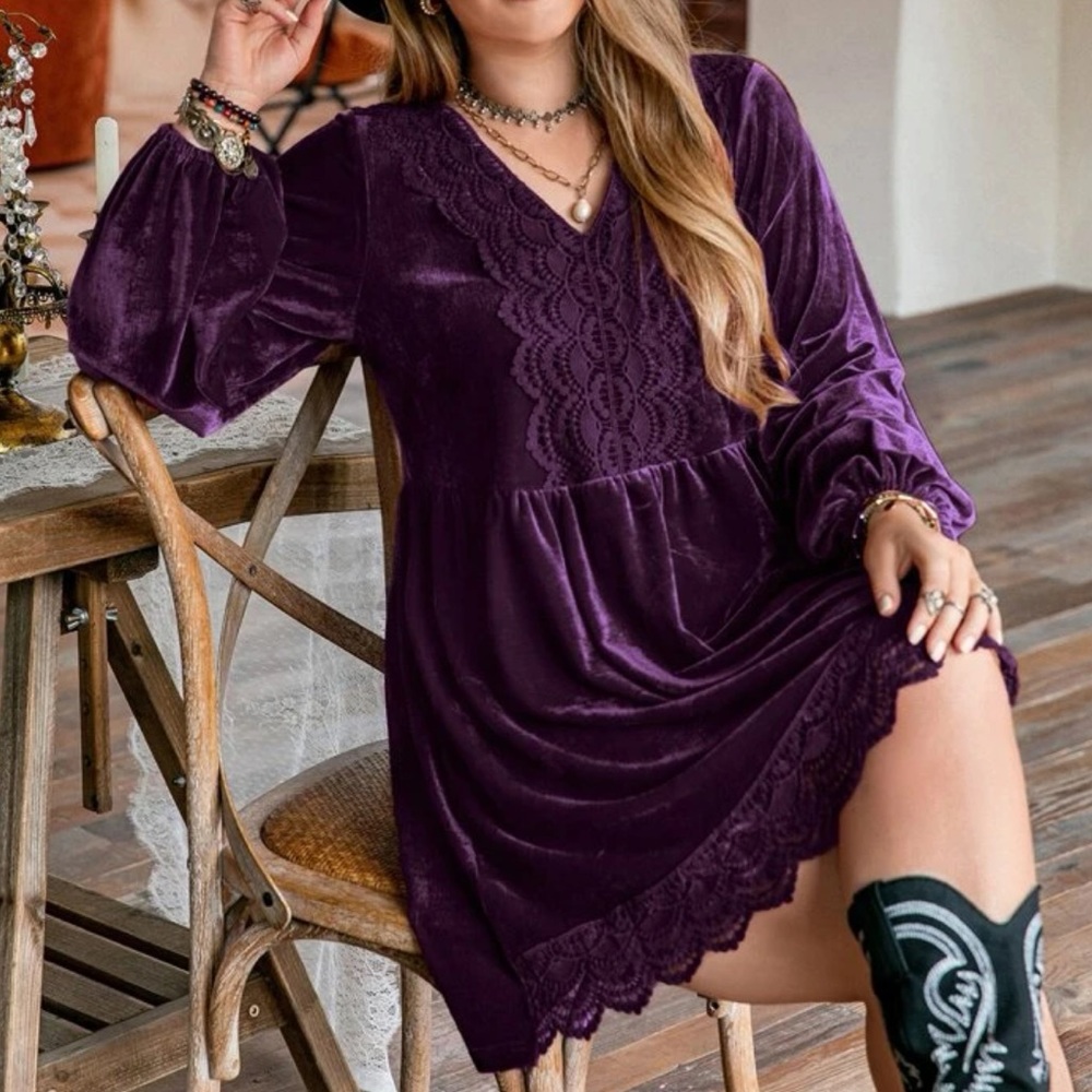 Plus size boho rust orange lace trim mini dress - Picture 7 of 15